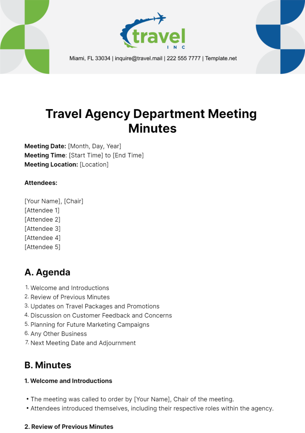 Free Travel Agency Department Meeting Minutes Template