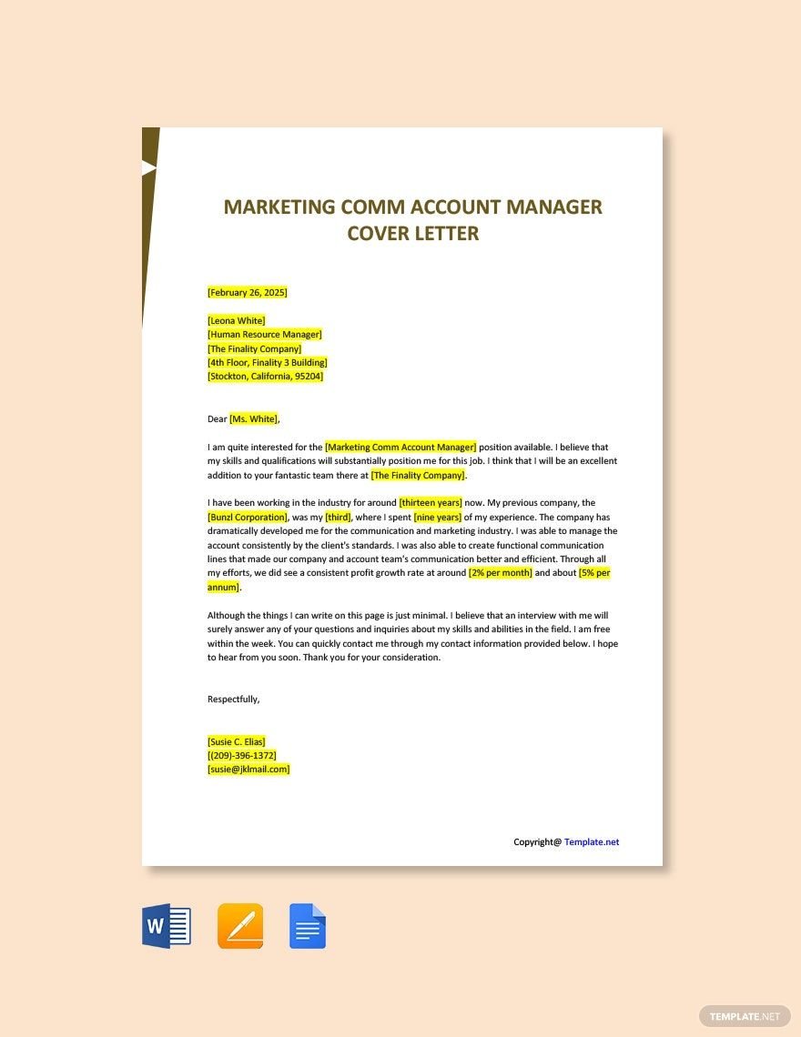 Free Marketing Comm Account Manager Cover Letter Template