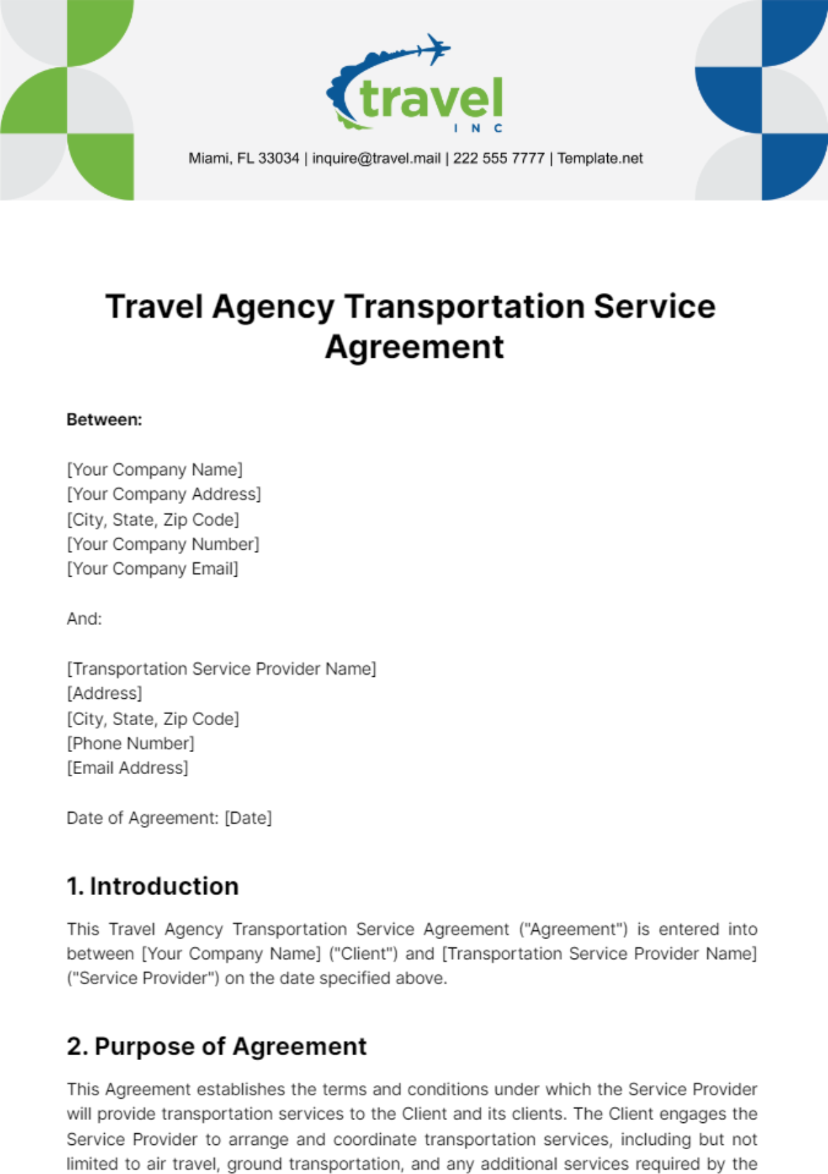 Travel Agency Transportation Service Agreement Template