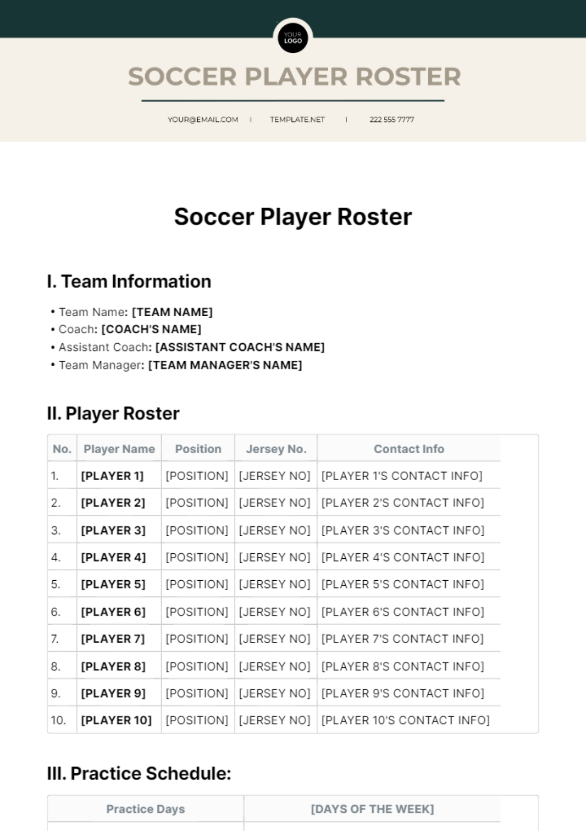 Soccer Player Roster Template