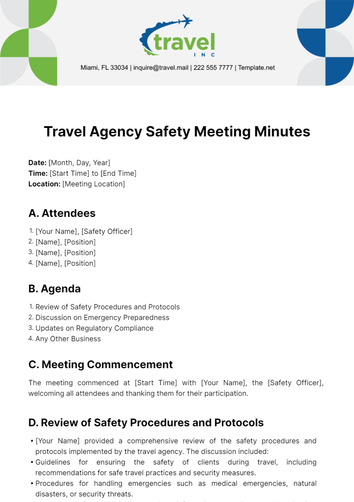 Travel Agency Safety Meeting Minutes Template