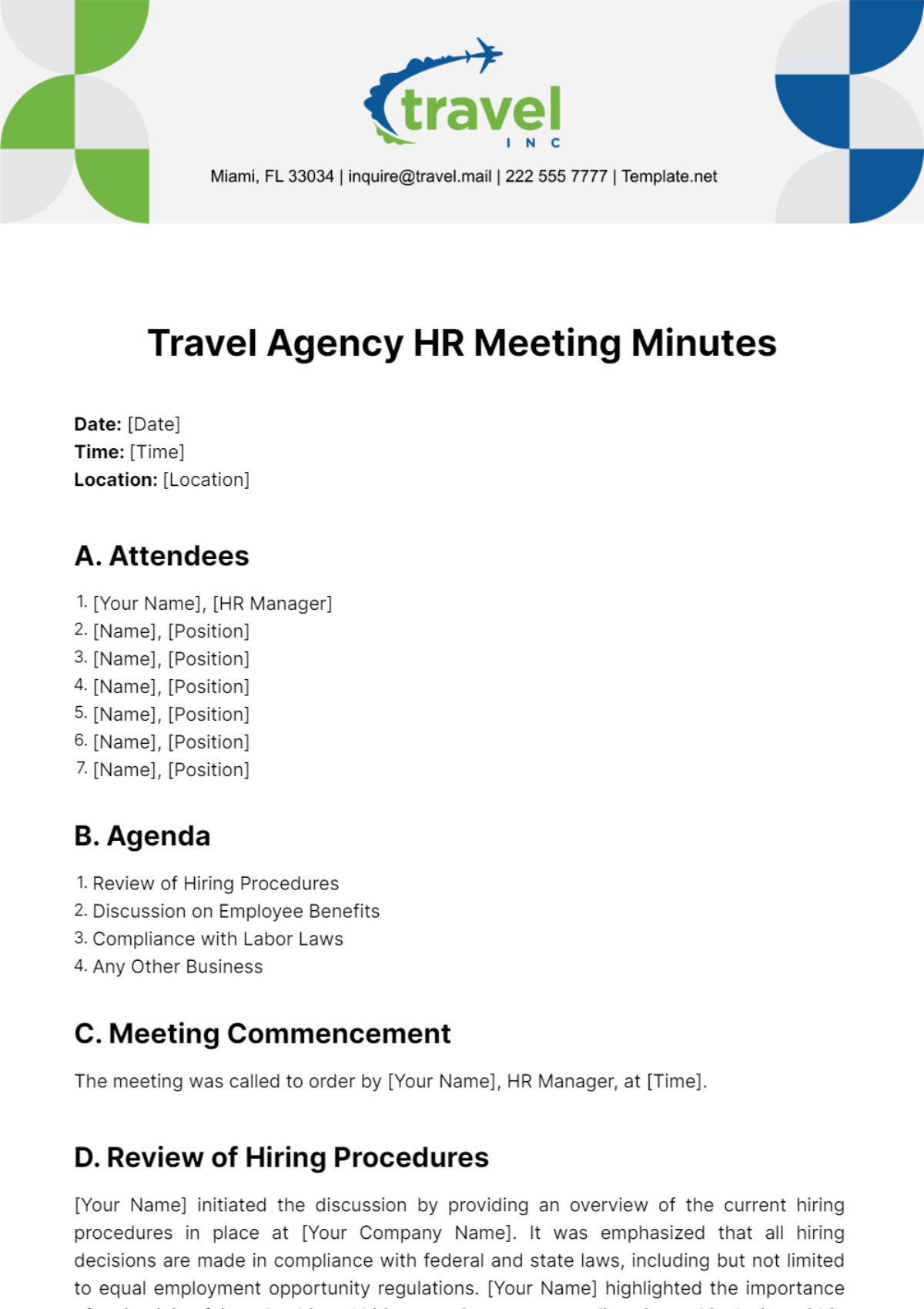Free Travel Agency HR Meeting Minutes Template