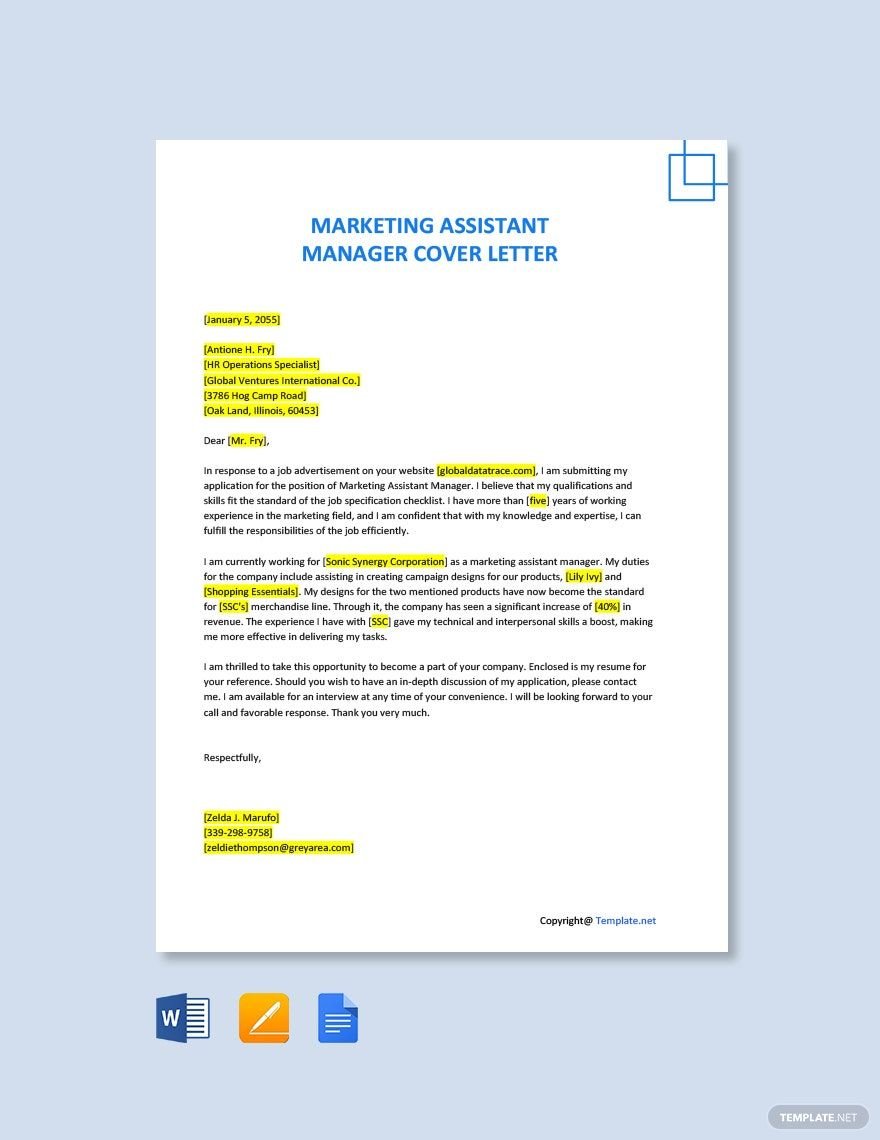 Free Marketing Assistant Manager Cover Letter Template