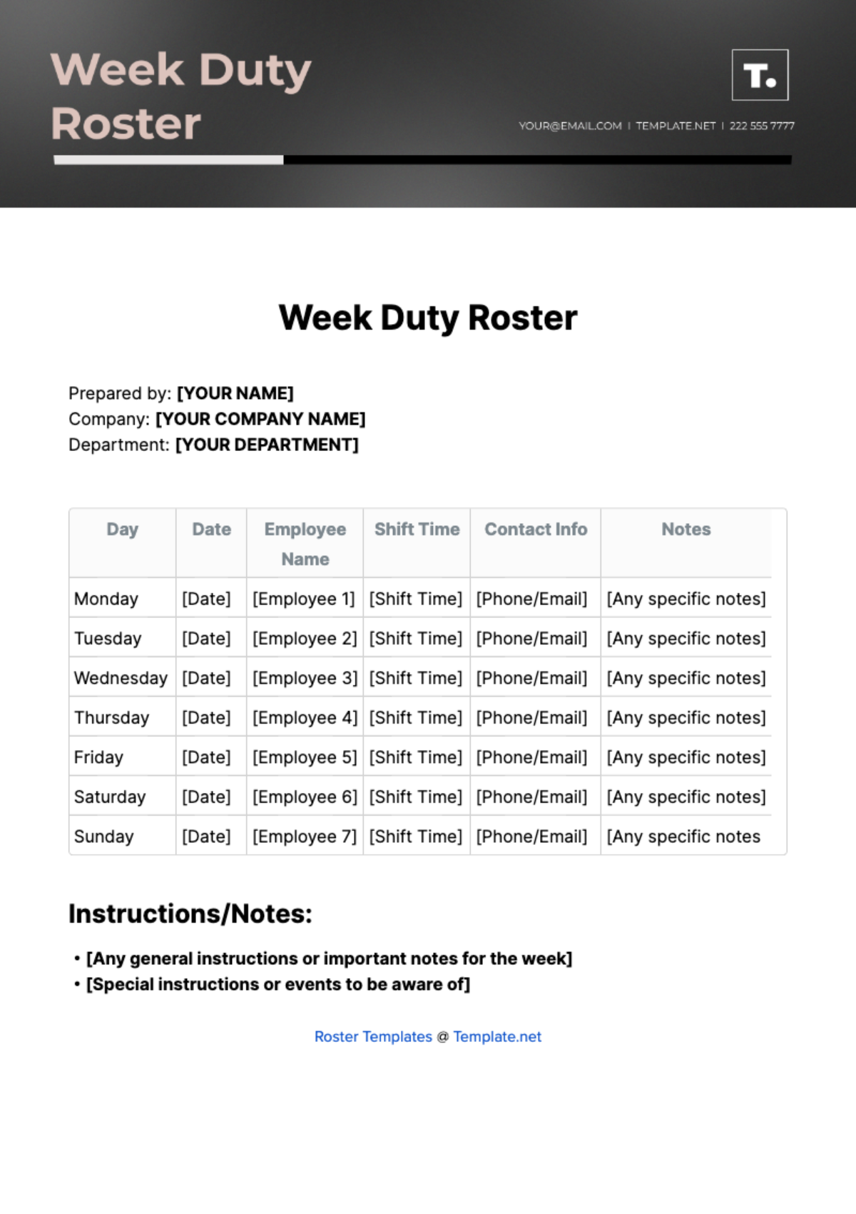 Week Duty Roster Template