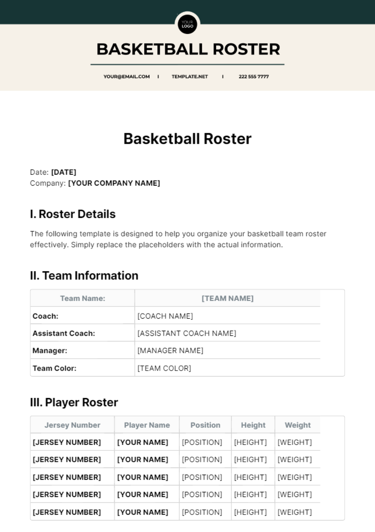 Basketball Roster Template