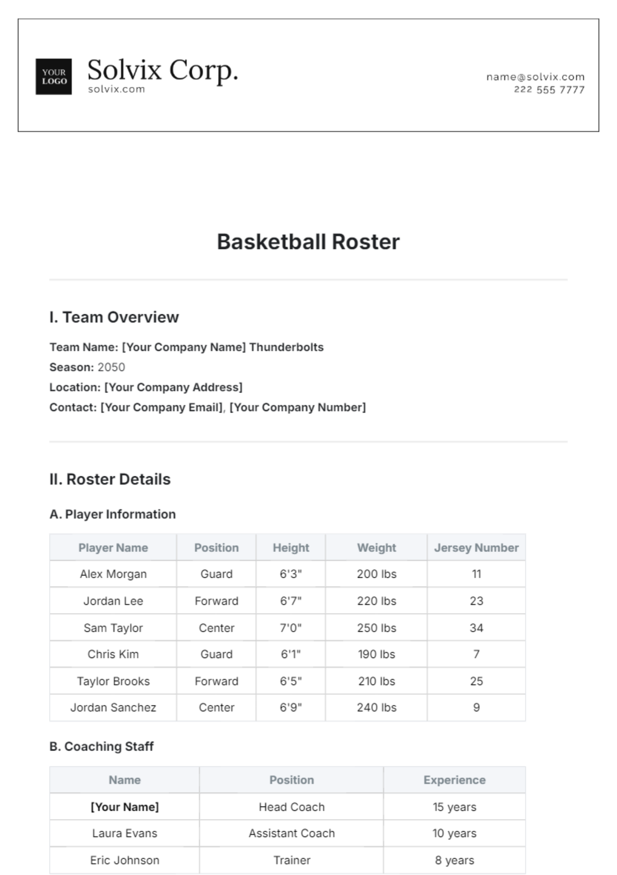 Basketball Roster Template