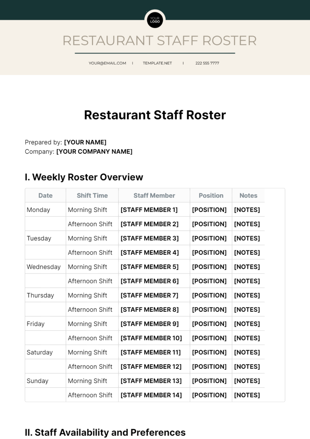 Restaurant Staff Roster Template