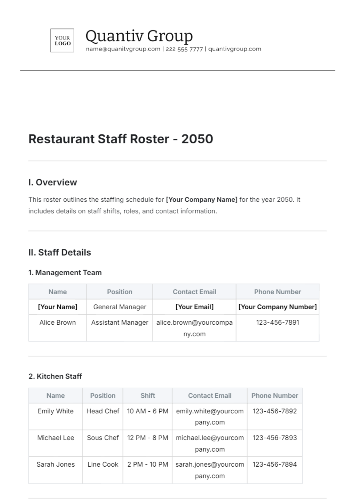 Restaurant Staff Roster Template