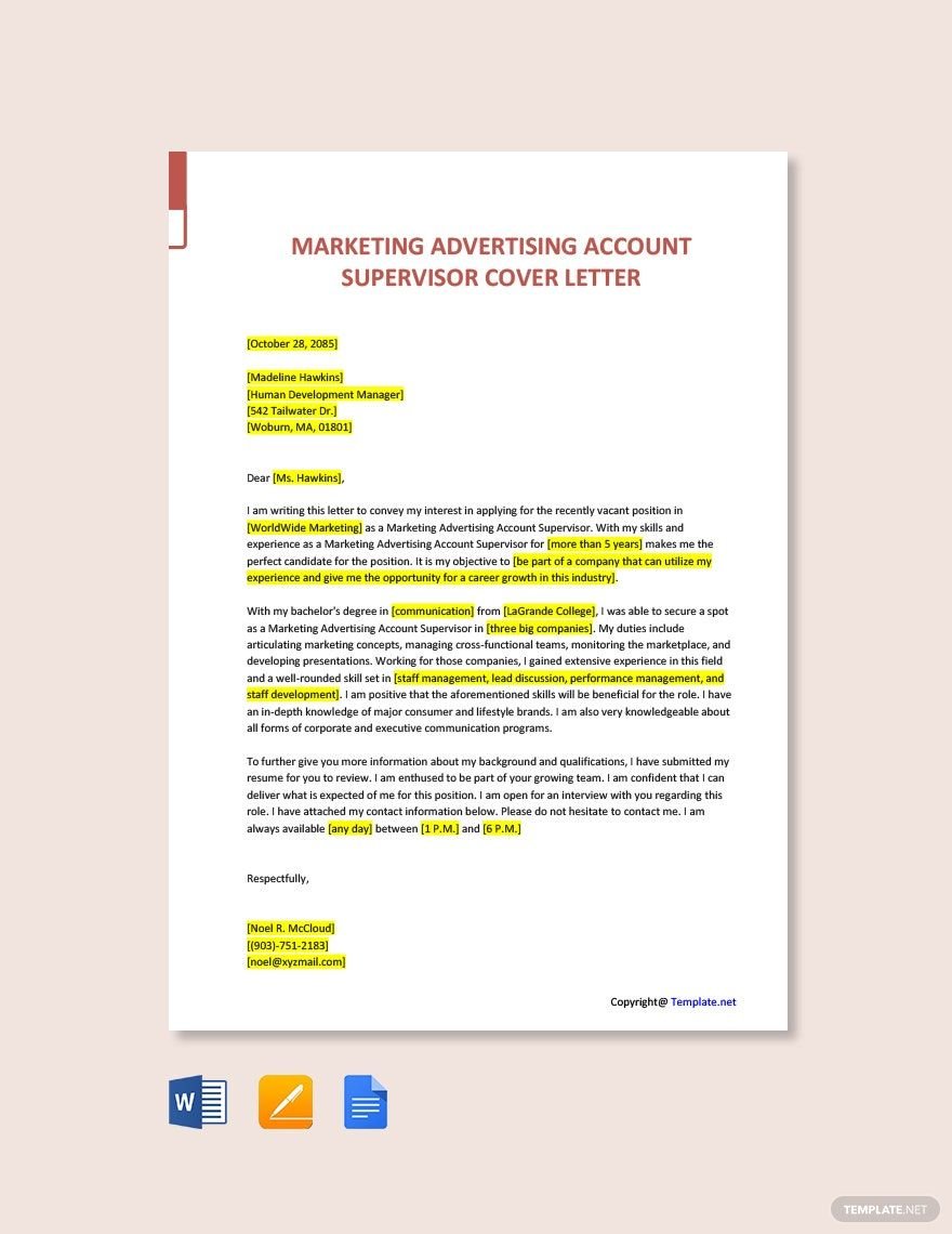 Free Marketing Advertising Account Supervisor Cover Letter Template