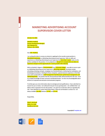 Marketing Advertising Account Supervisor Cover Letter