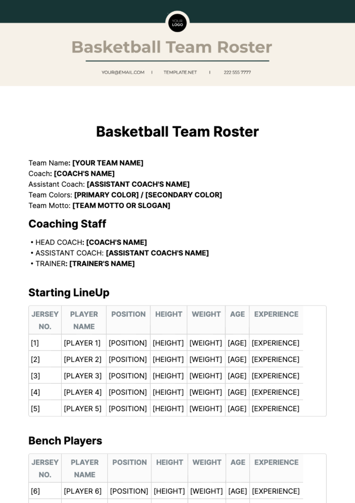 Basketball Team Roster Template