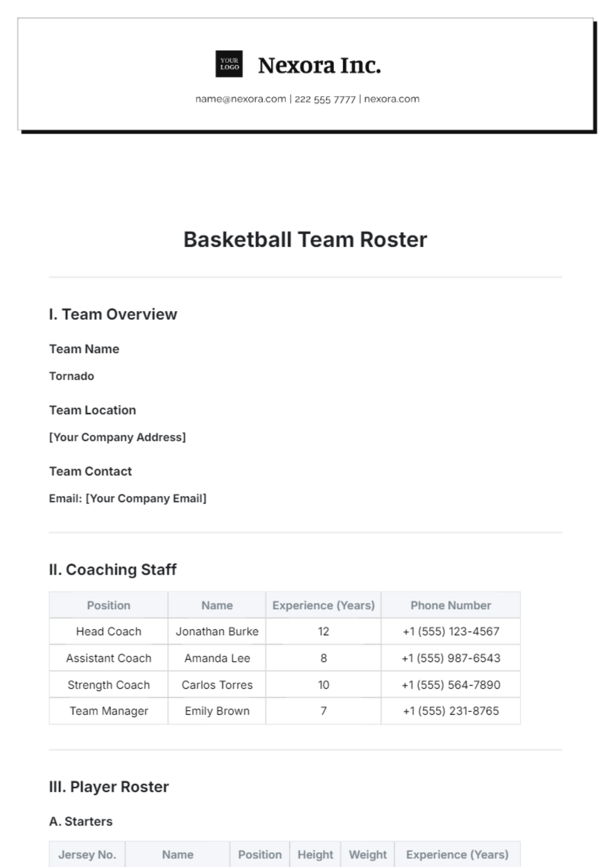 Basketball Team Roster Template