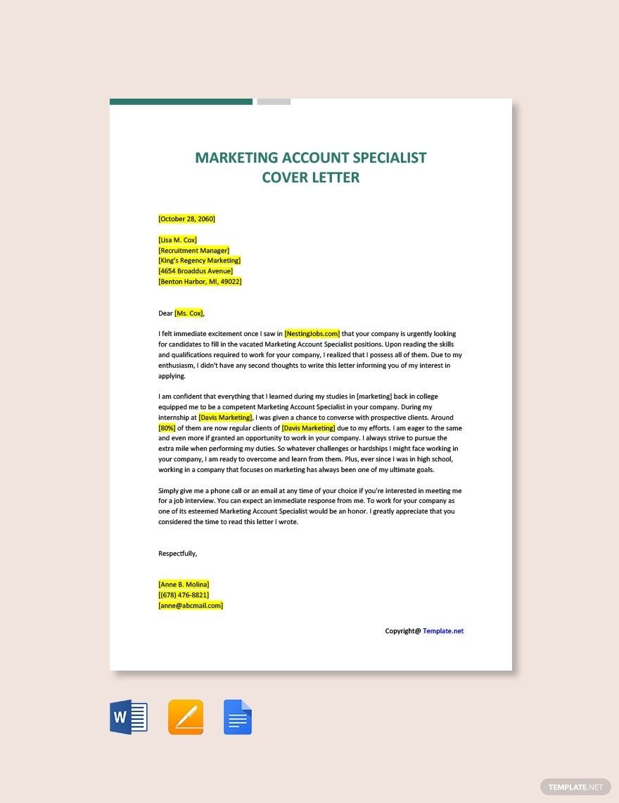 Free Marketing Account Specialist Cover Letter Template