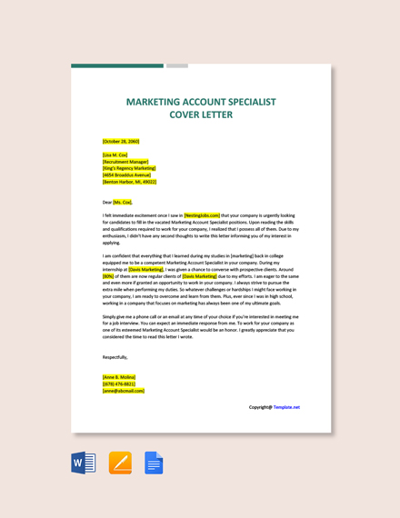 Free Marketing Account Specialist Cover Letter Template - Google Docs