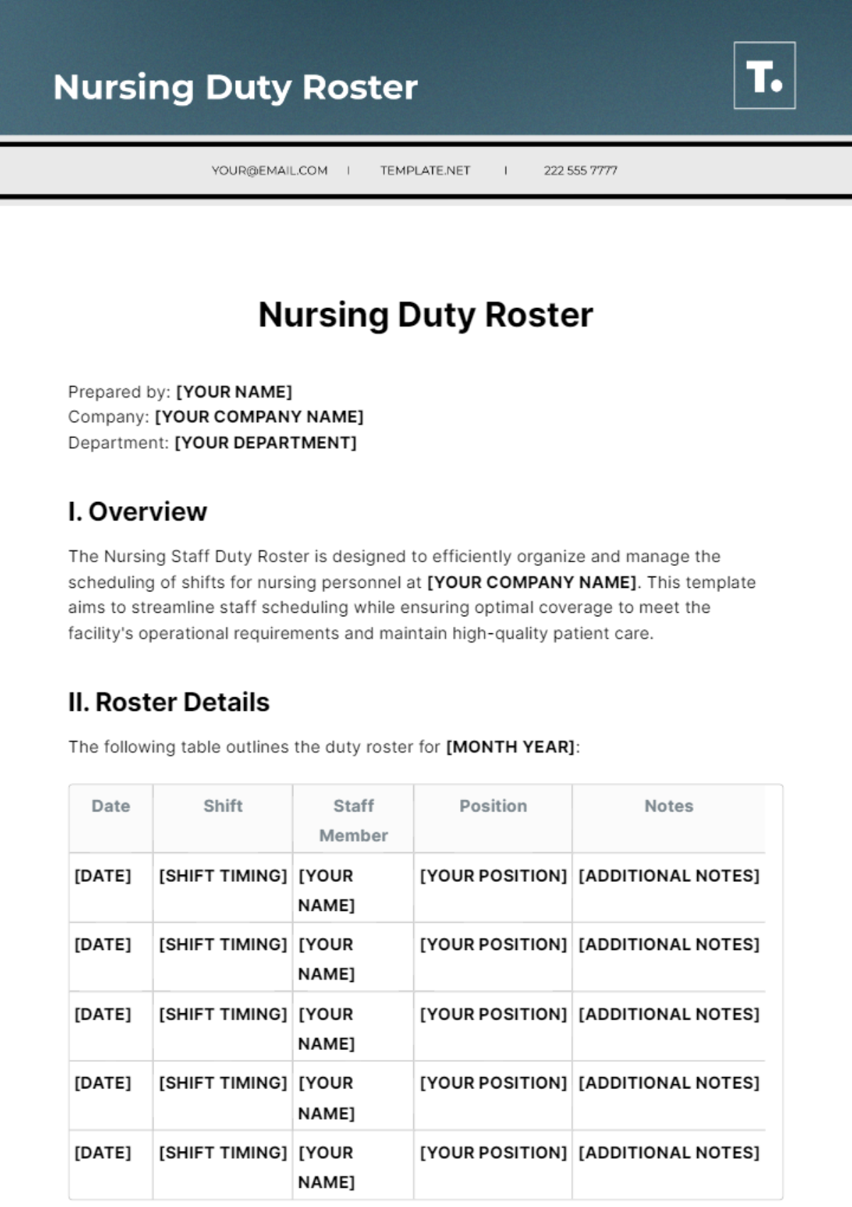 Nursing Duty Roster Template