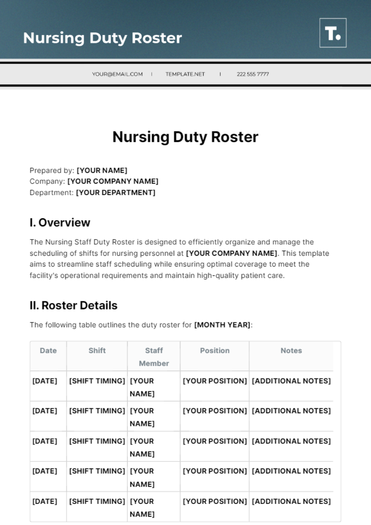 Duty Roster Format For Hospital Staff Excel Free Download