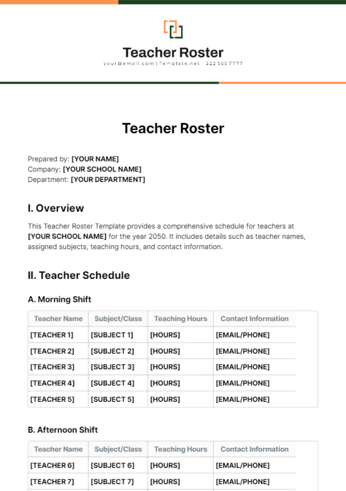 Teacher Roster Template - Edit Online & Download