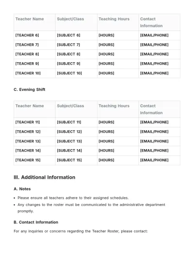 Free Teacher Roster Template to Edit Online