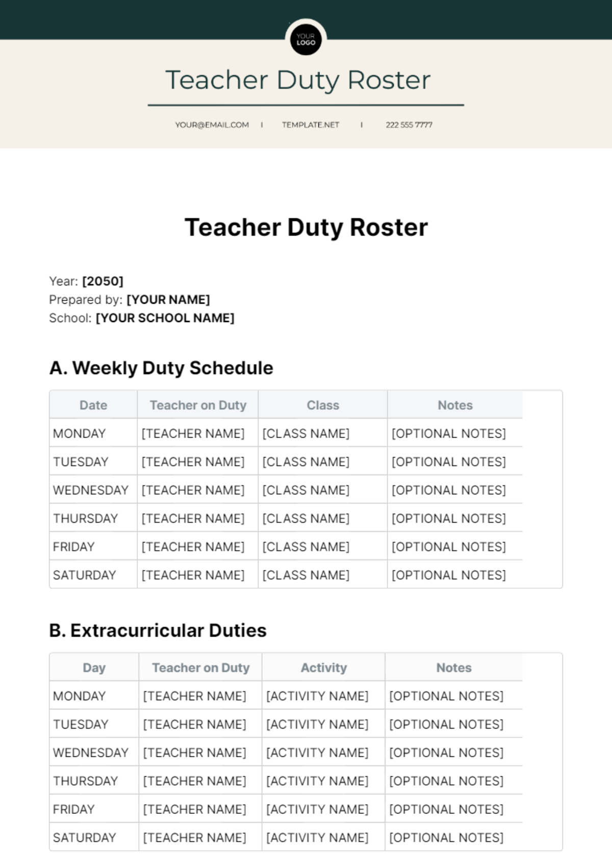 Teacher Duty Roster Template