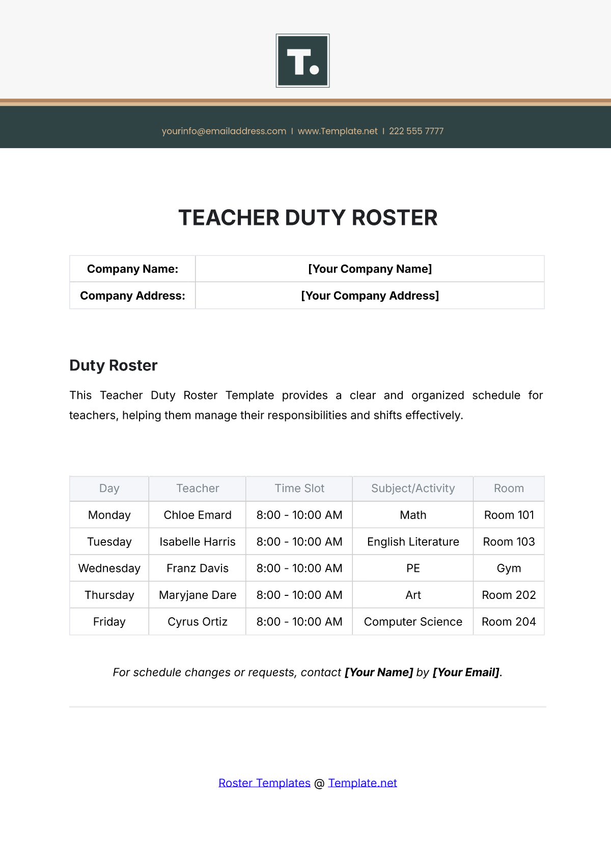 Teacher Duty Roster Template - Edit Online & Download