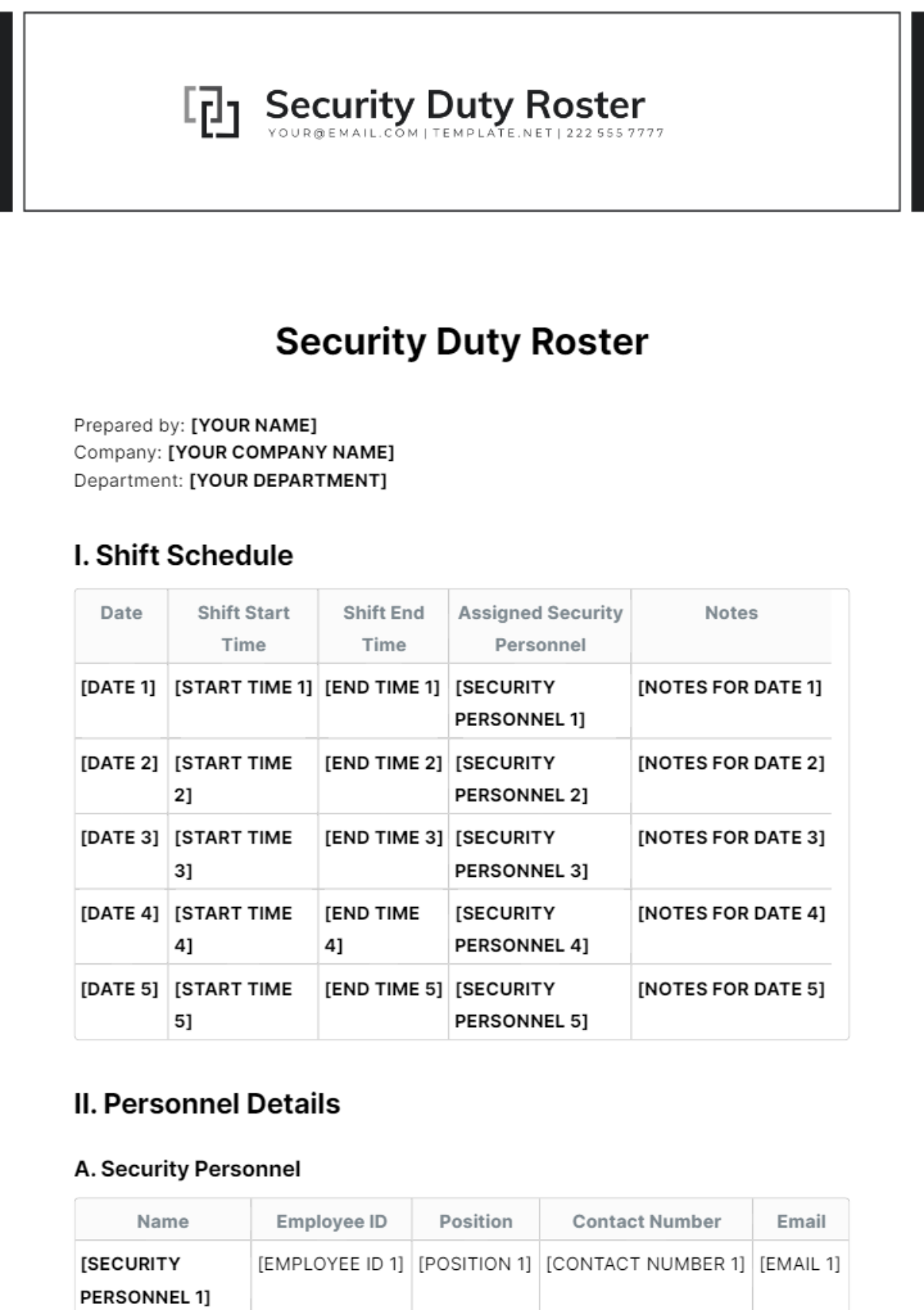 Security Duty Roster Template - Edit Online & Download