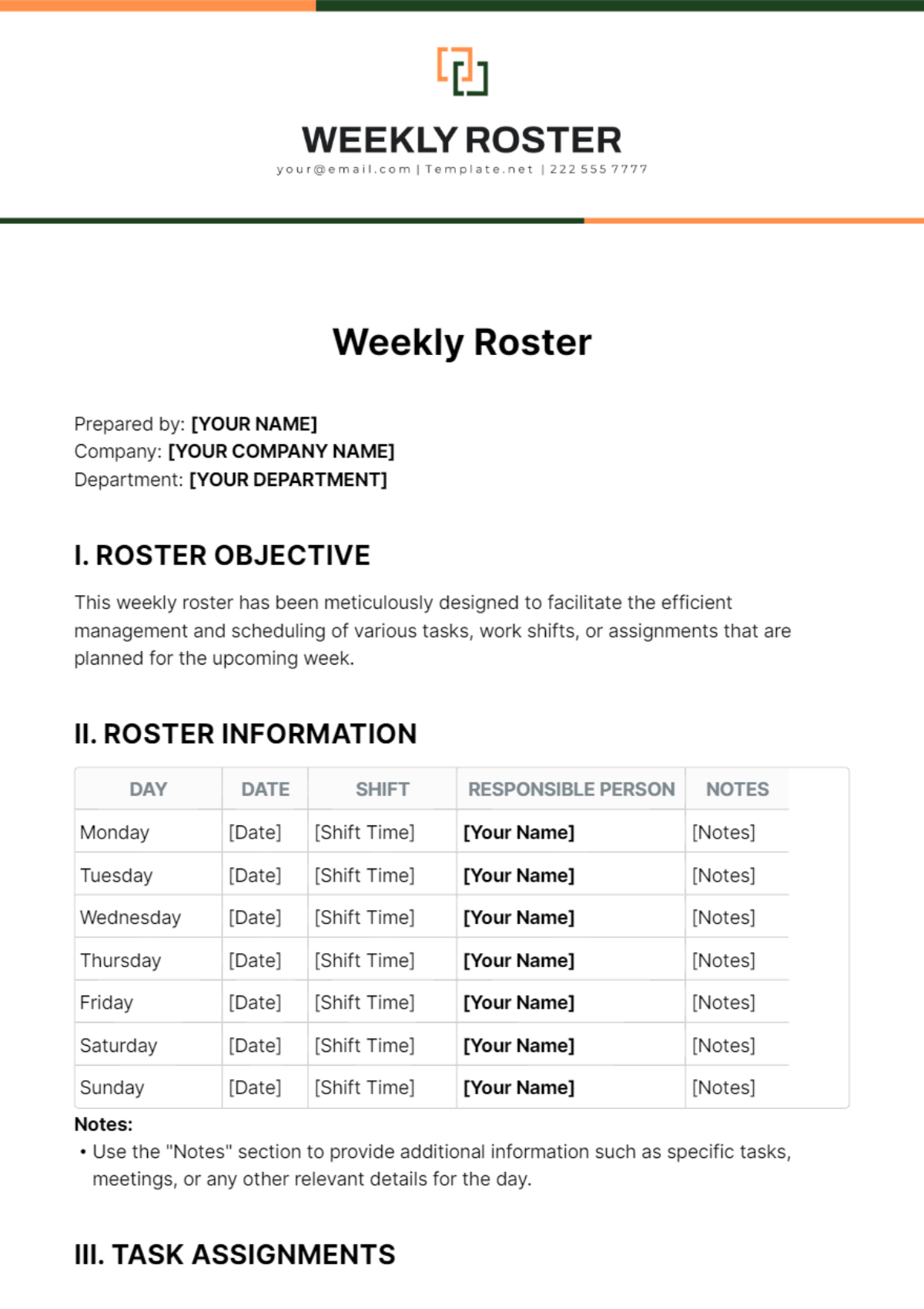 Weekly Roster Template