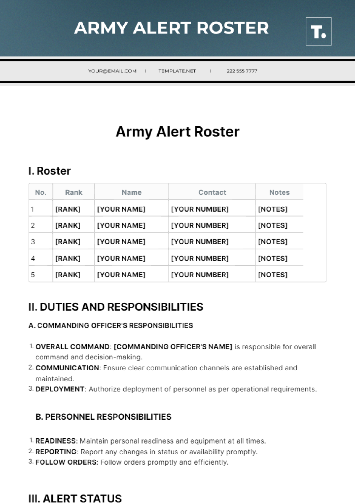 Free Army Alert Roster Template to Edit Online