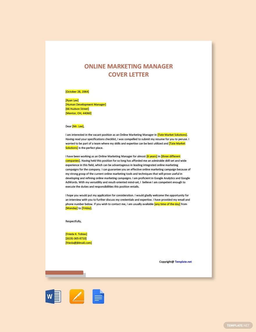 Free Online Marketing Manager Cover Letter Template
