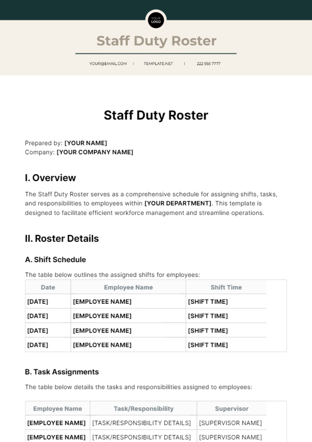 Staff Duty Roster Template