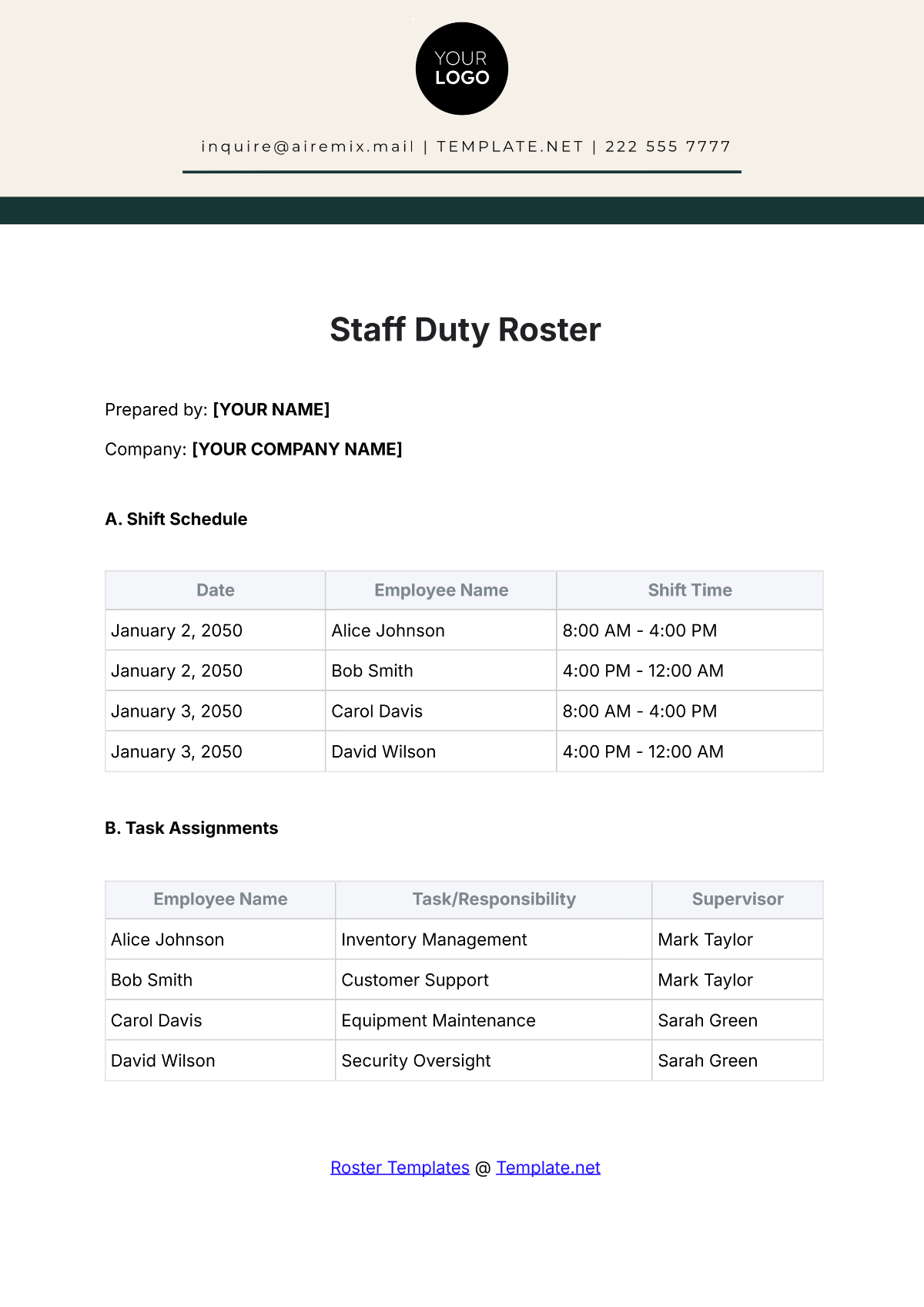 Staff Duty Roster Template - Edit Online & Download