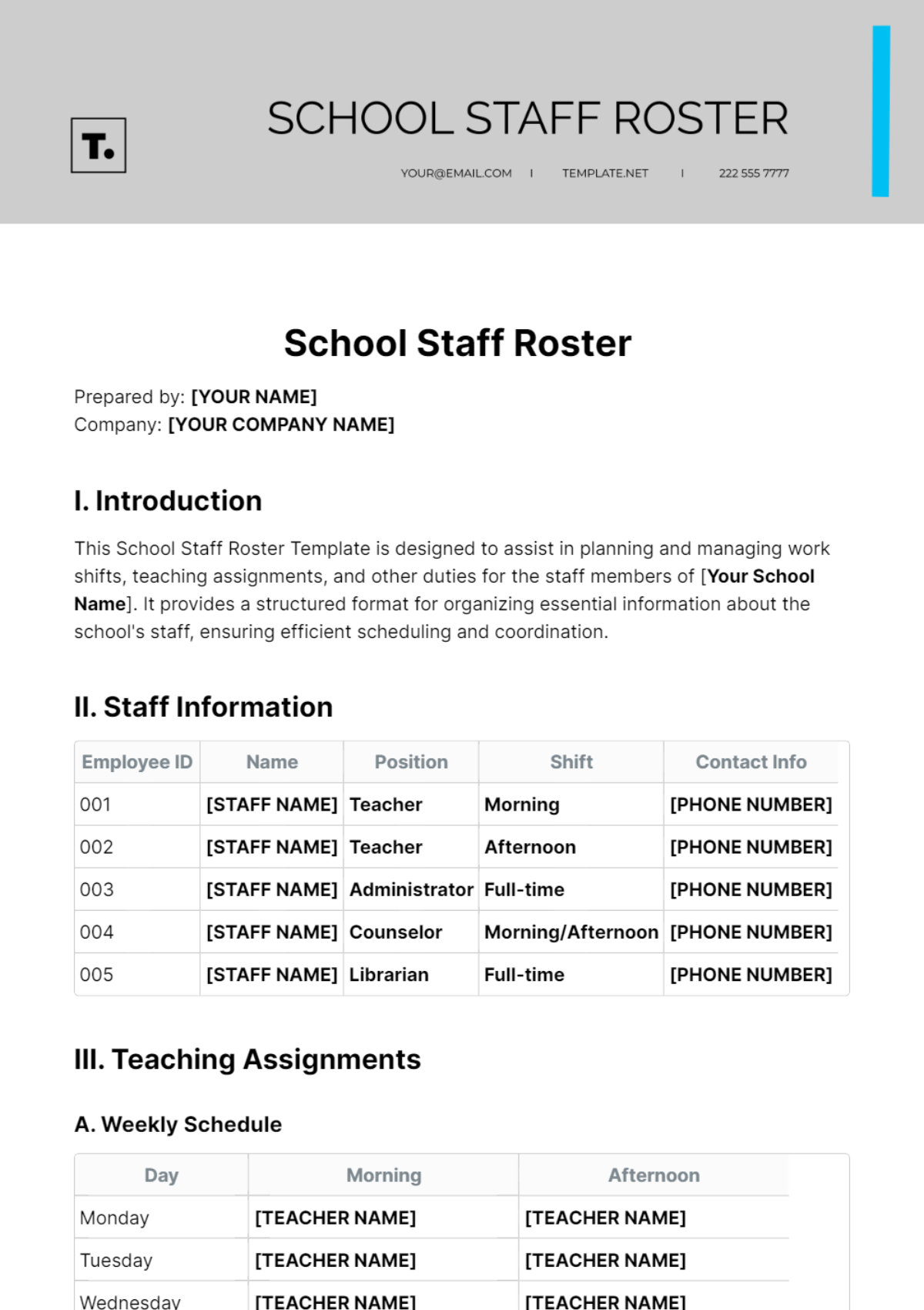 School Staff Roster Template