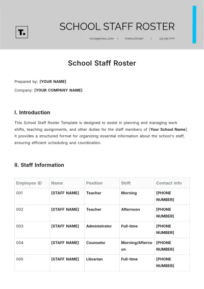 Free School Staff Roster Template to Edit Online
