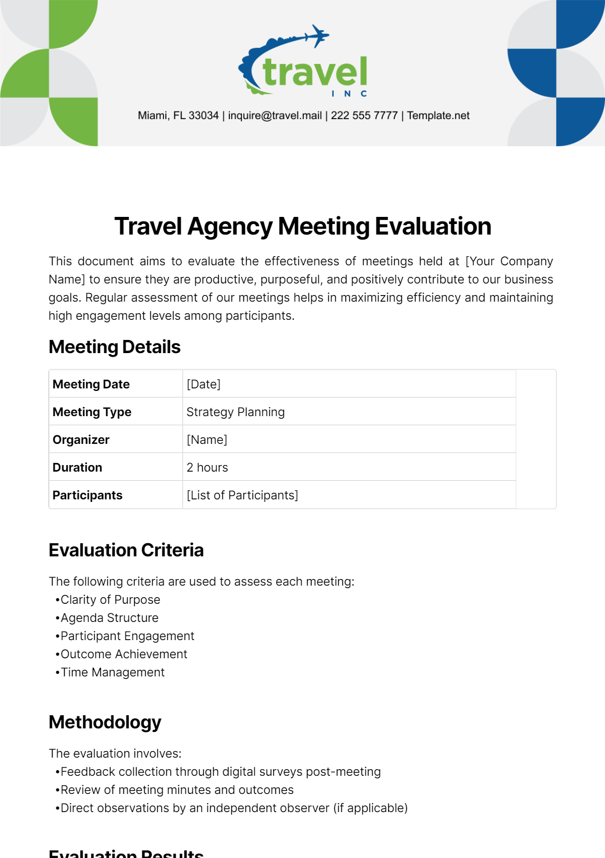 Travel Agency Meeting Evaluation Template