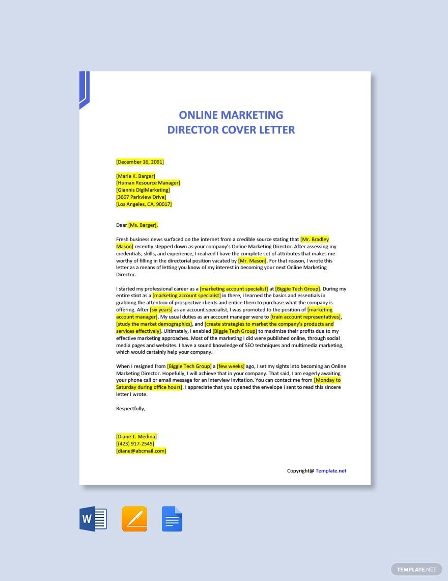 Free Online Marketing Director Cover Letter Template