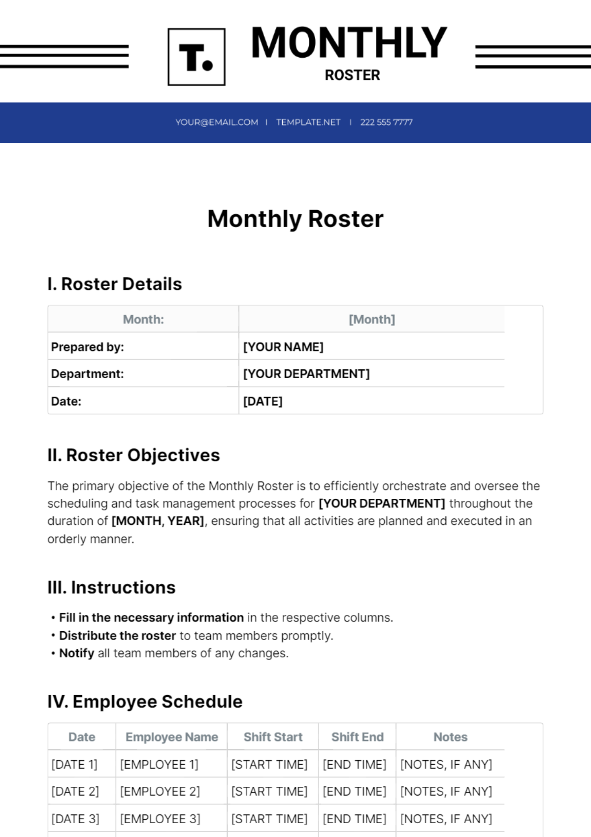 Monthly Roster Template