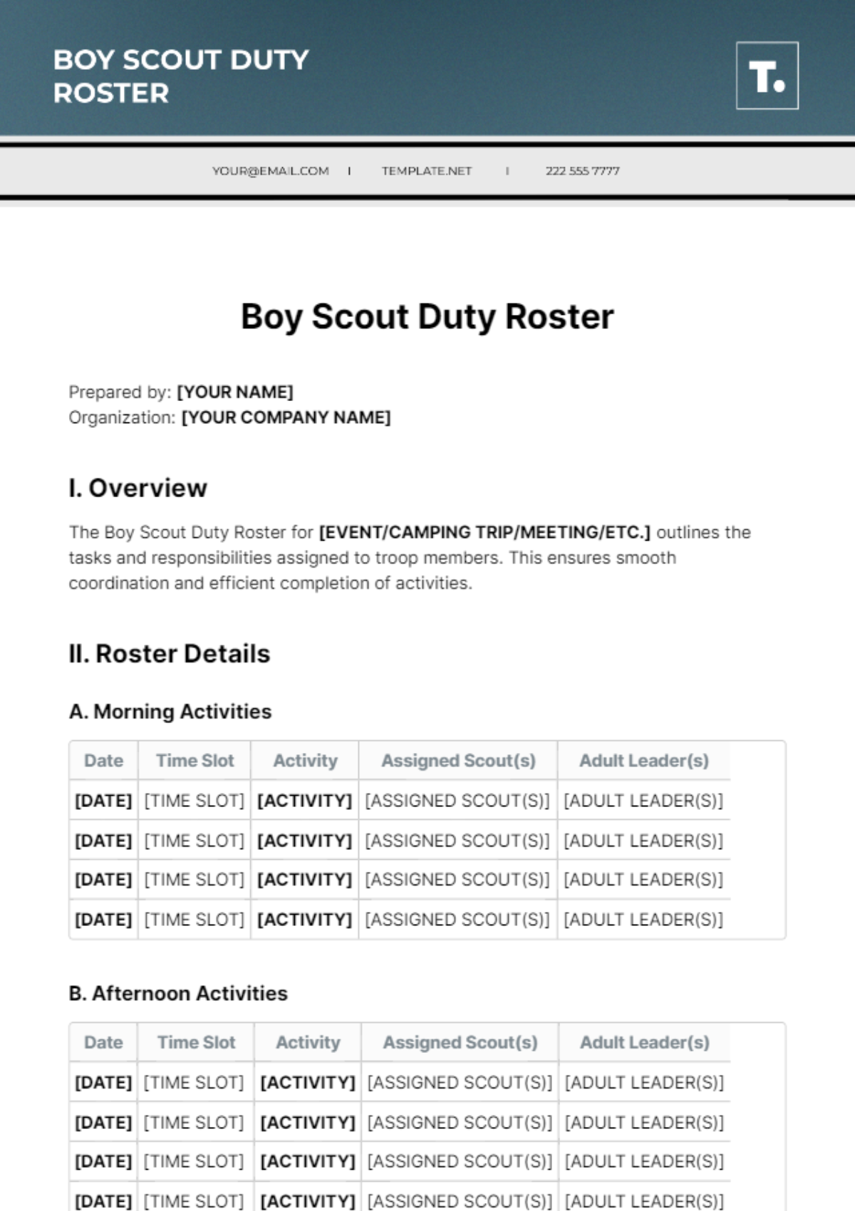 Boy Scount Duty Roster Template