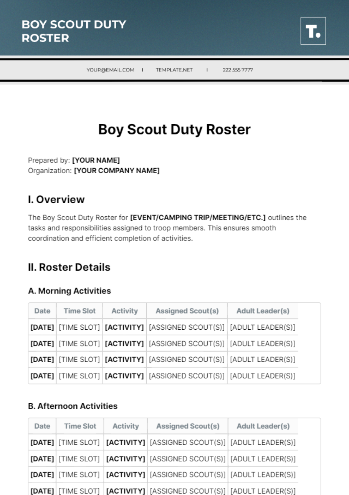 Boy Scount Duty Roster Template - Edit Online & Download