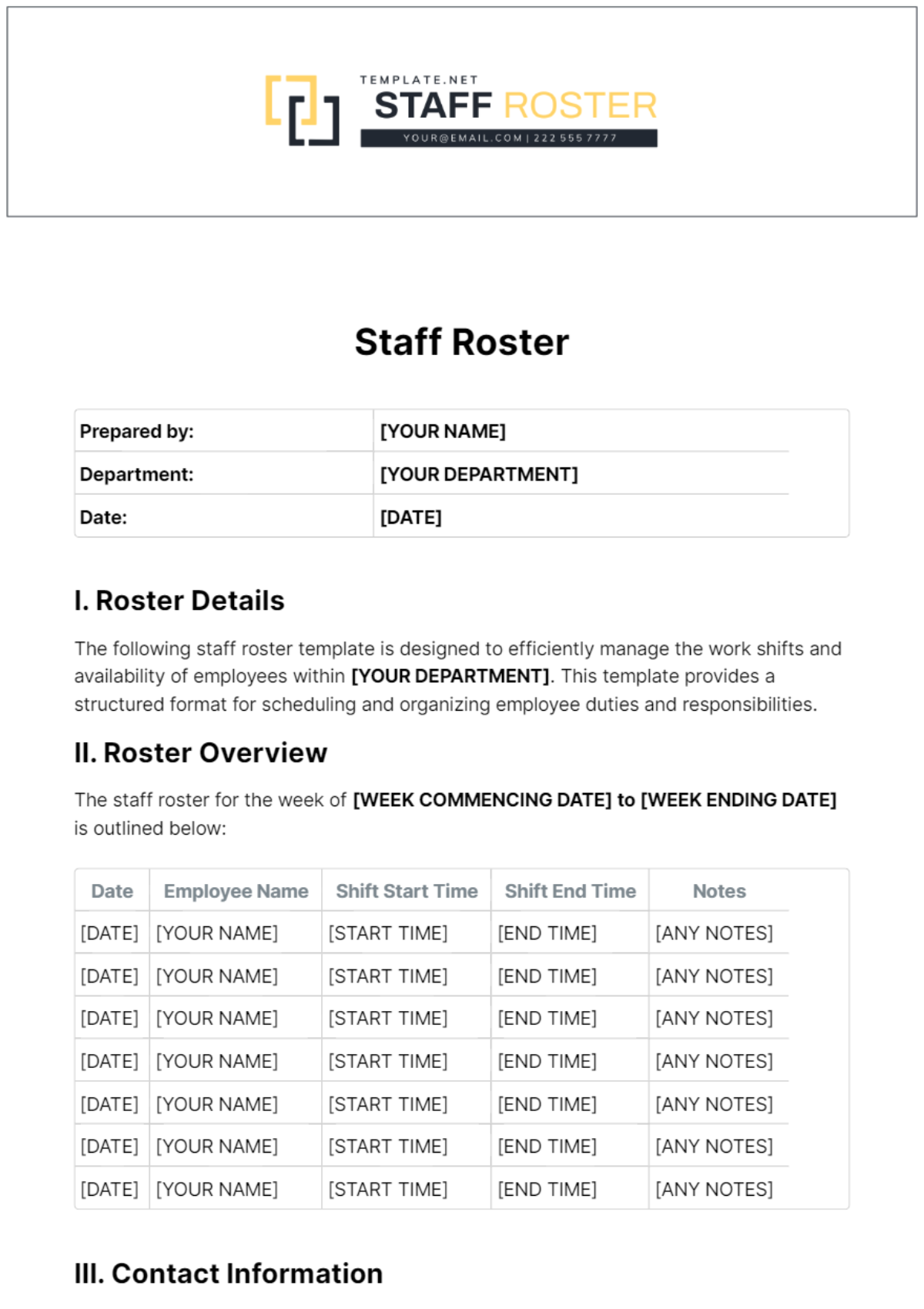 Staff Roster Template