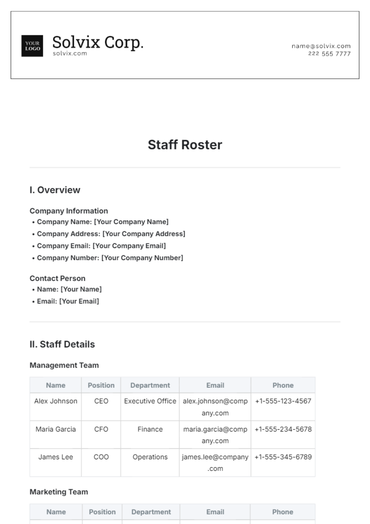 Staff Roster Template