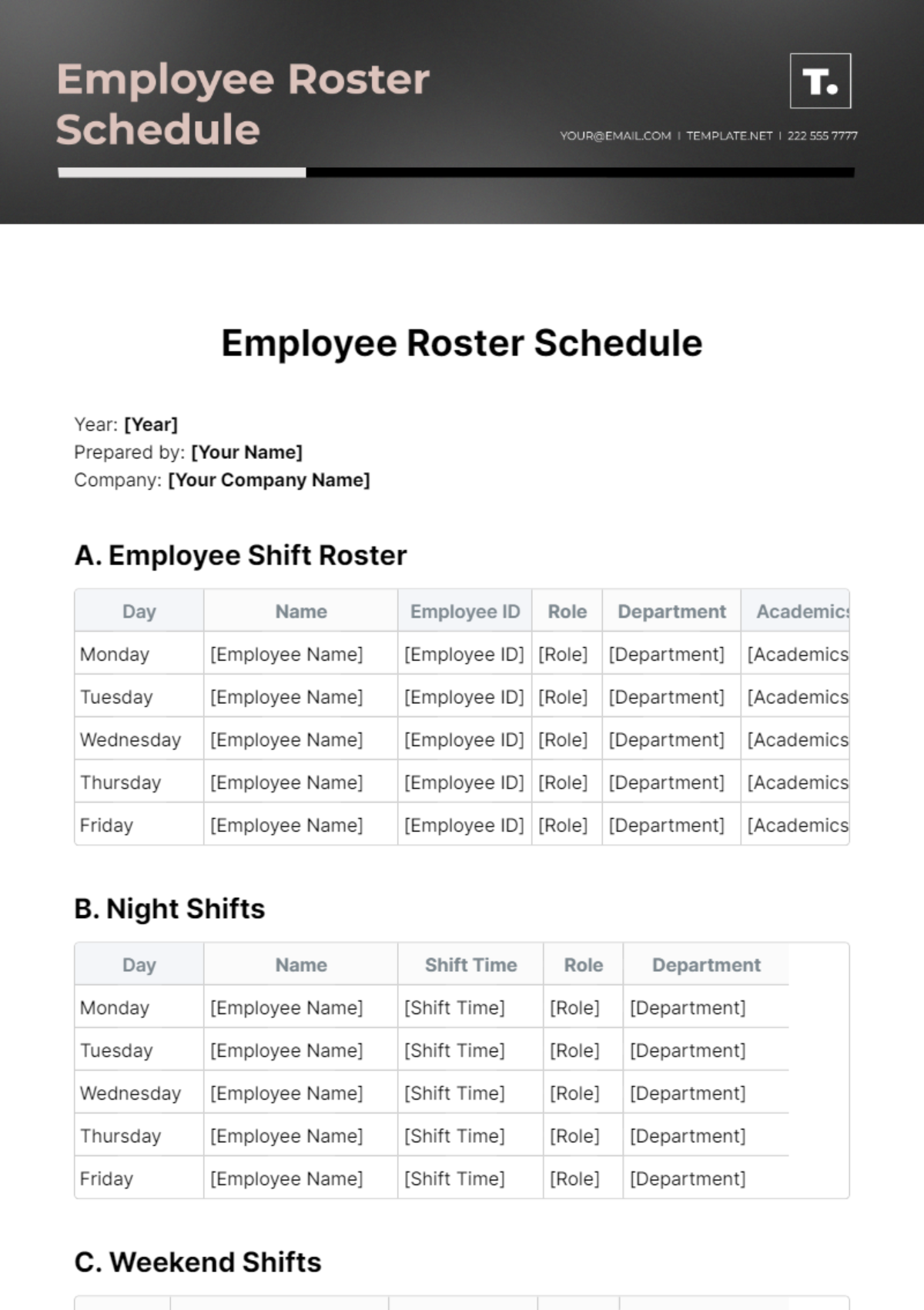 Employee Roster Schedule Template