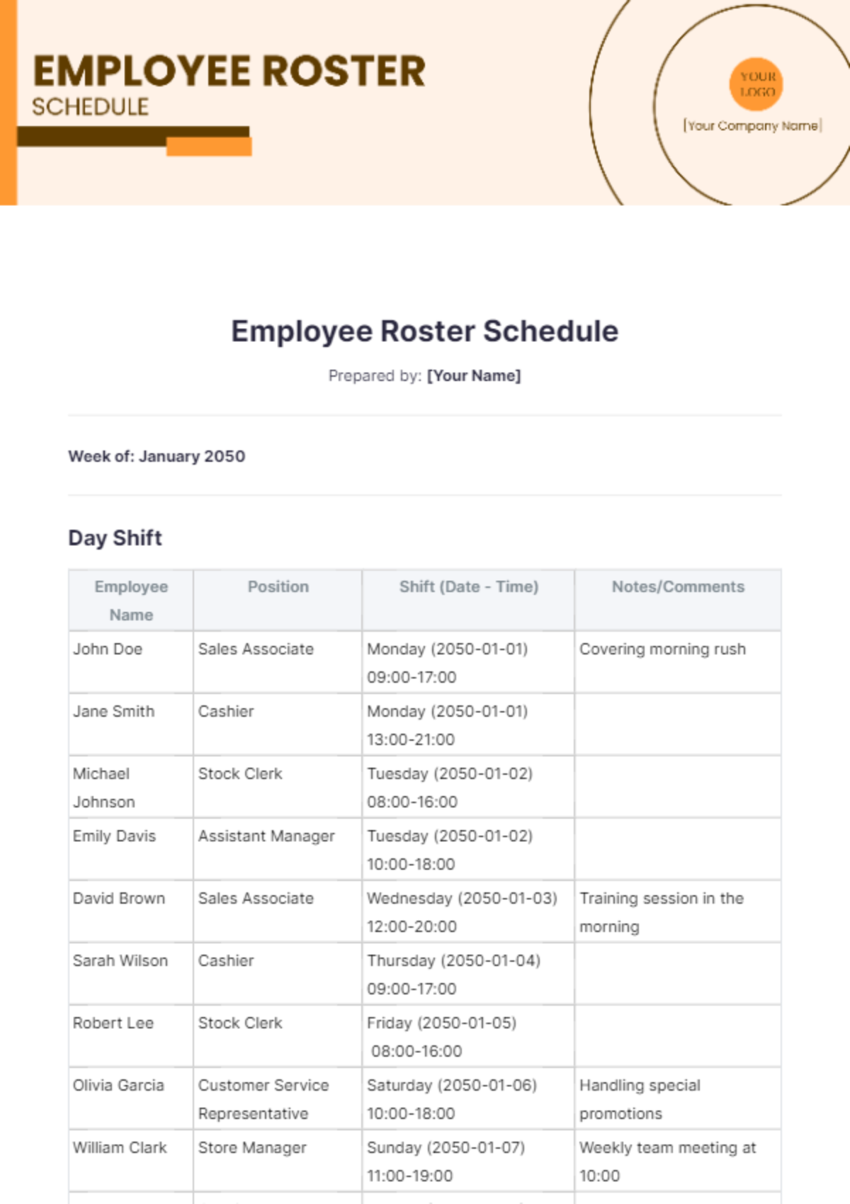 Employee Roster Schedule Template - Edit Online & Download