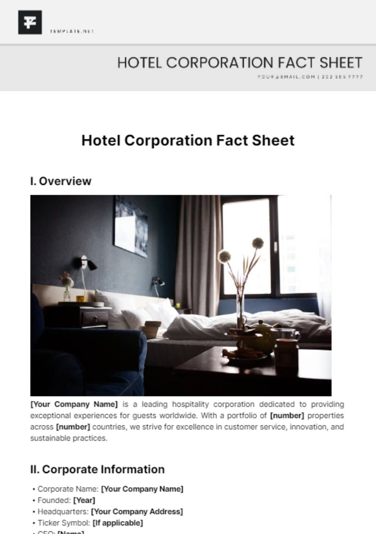 Hotel Corporation Fact Sheet Template