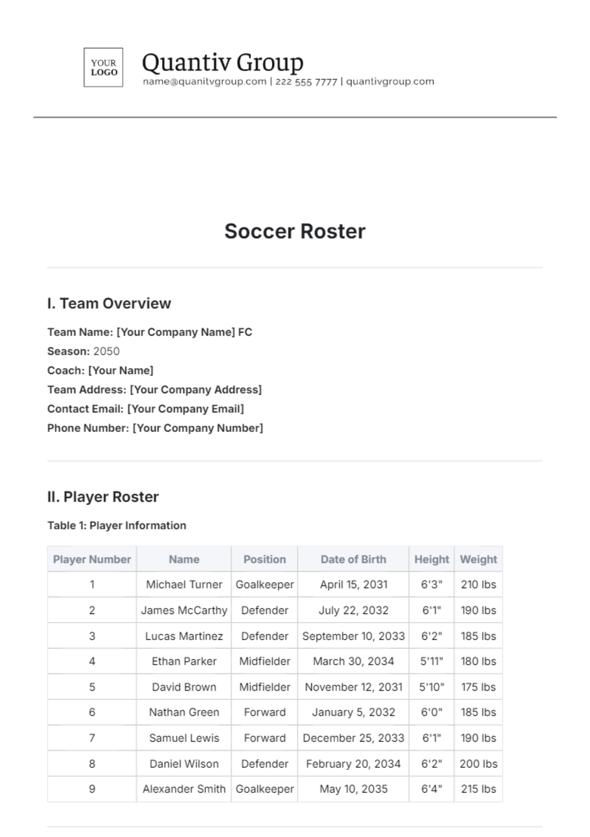 Soccer Roster Template