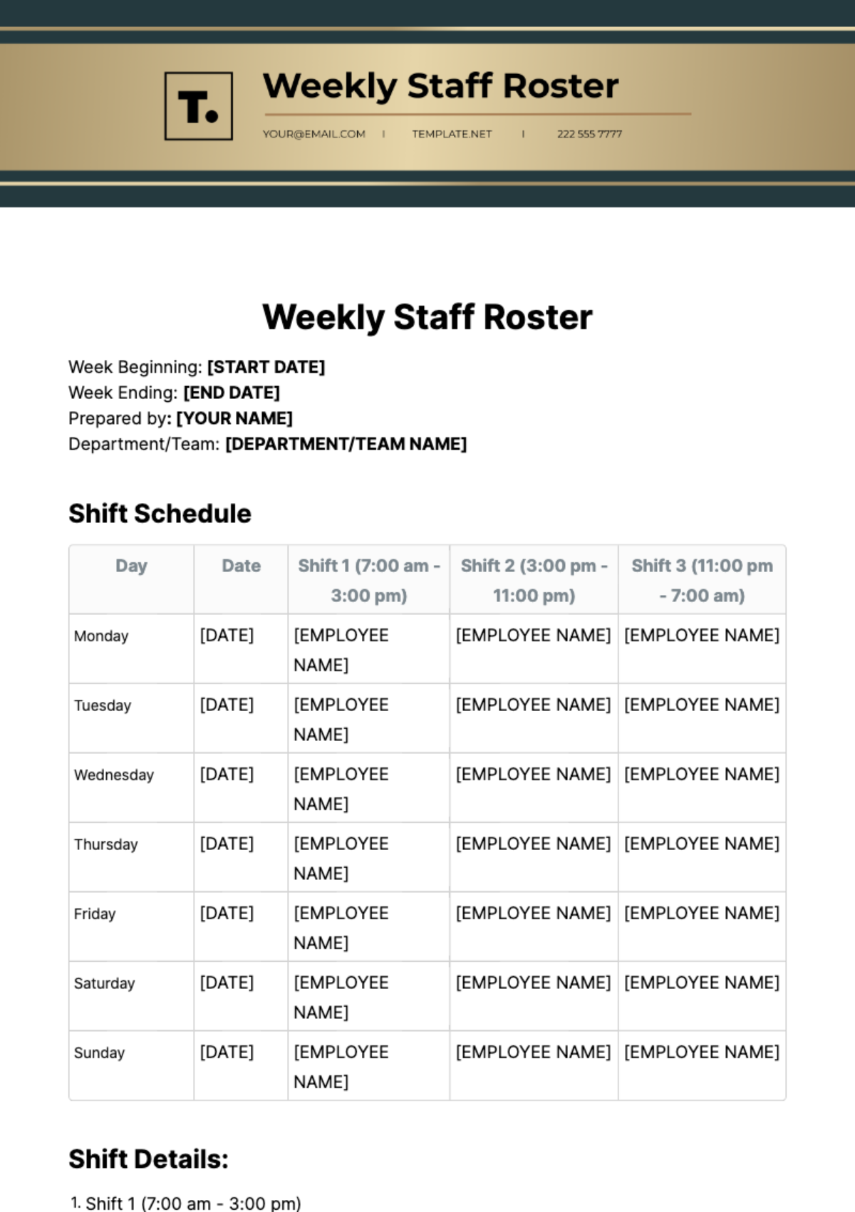 Weekly Staff Roster Template
