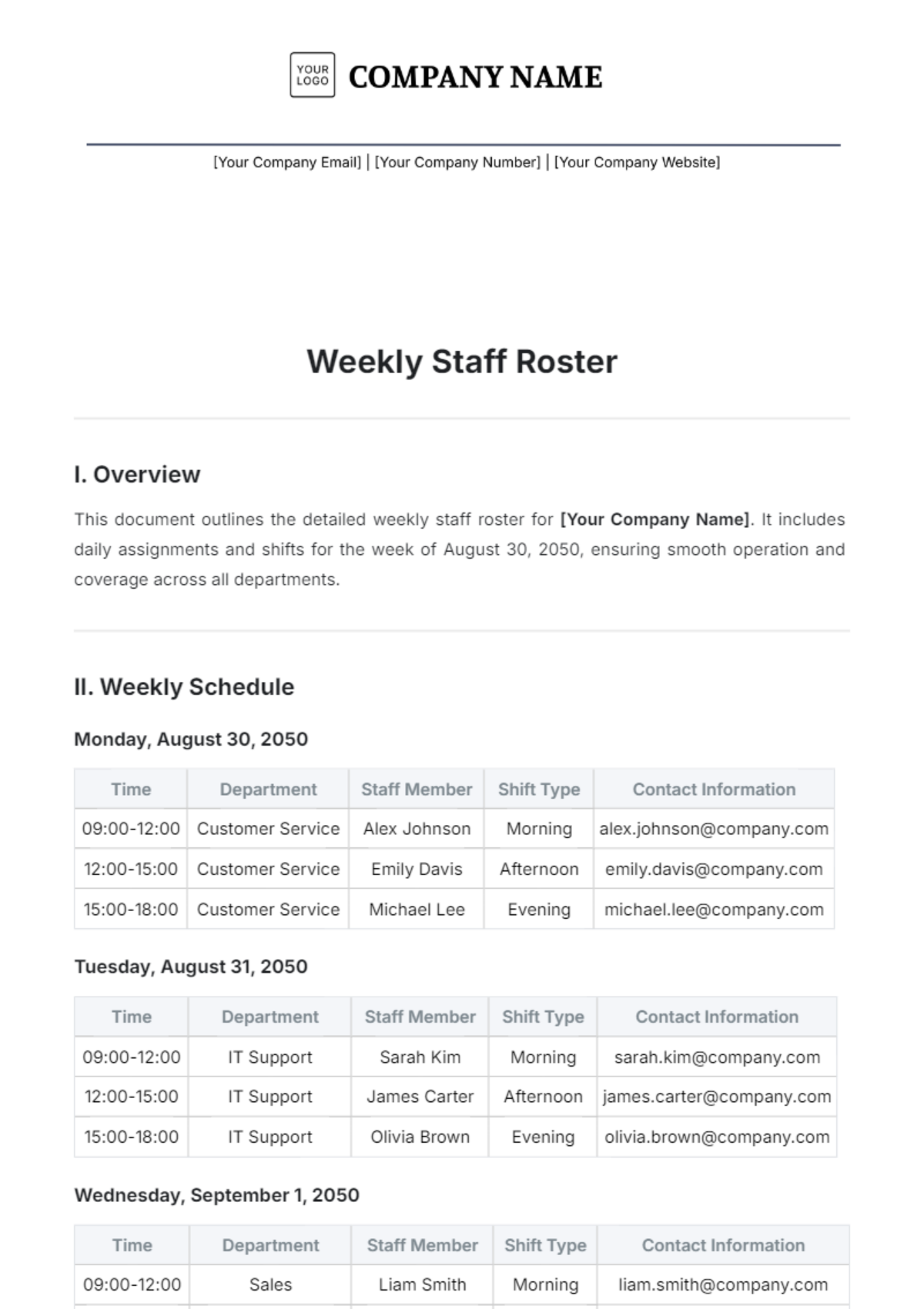 Weekly Staff Roster Template