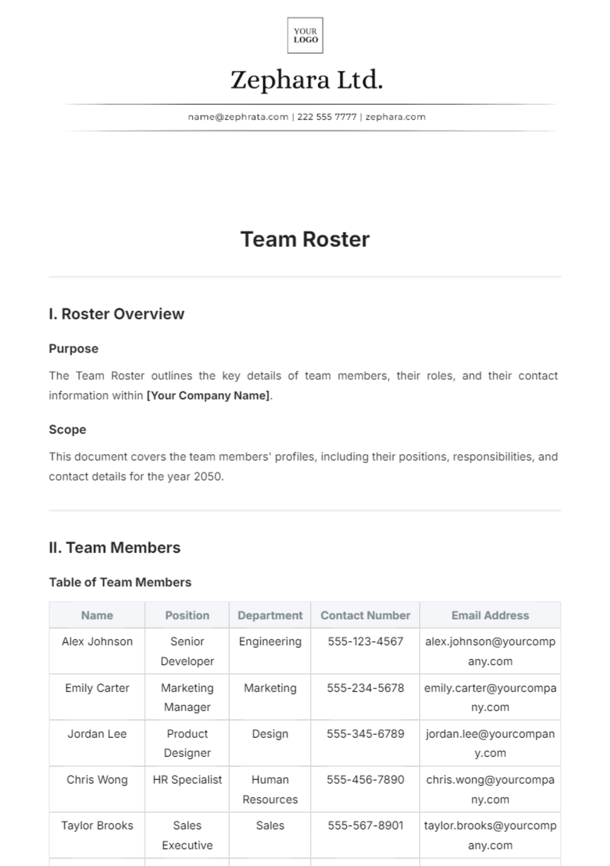 Team Roster Format Template