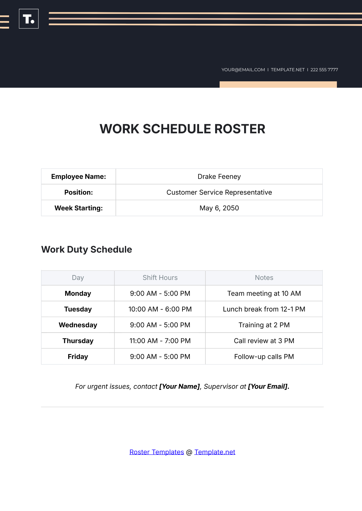 Work Schedule Roster Template - Edit Online & Download