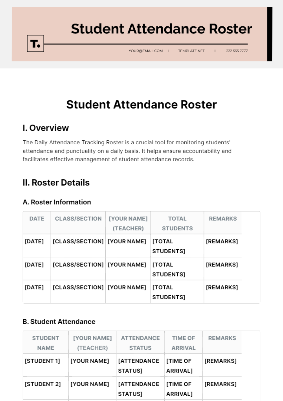 Student Attendance Roster Template