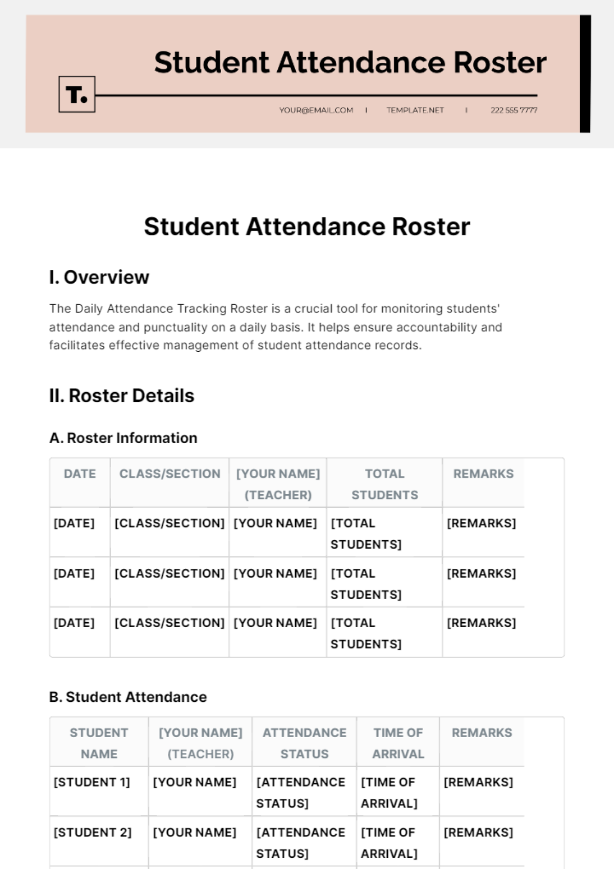 Student Attendance Roster Template - Edit Online & Download