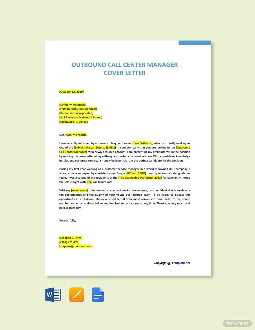 Outbound Call Center Manager Cover Letter